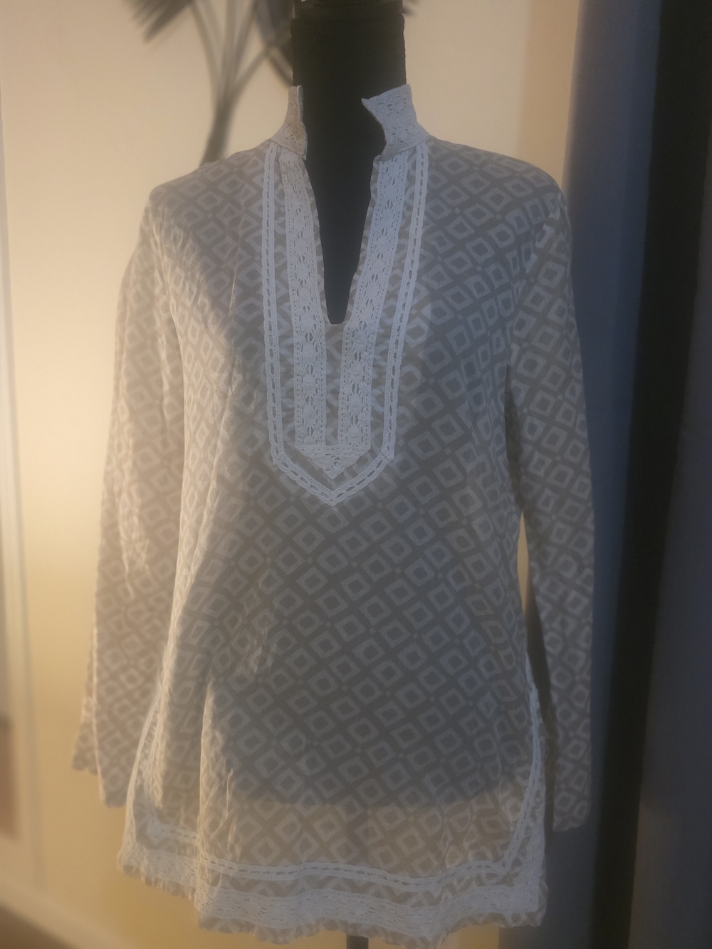 Michael Kors Women's Geometric Tunic Top with Lace Trim - Beige (Size M)